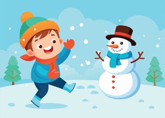 Happy child playing with snowman in winter landscape
