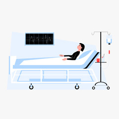 Male patient in a hospital bed with IV drip in flat vector illustration symbolizing medical care, recovery, and health monitoring, isolated on white background.