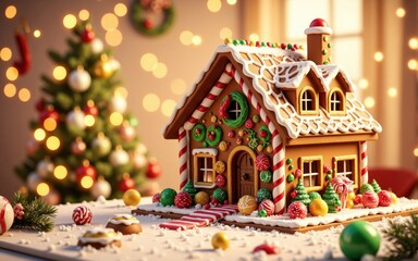 Gingerbread house decorated with candy canes and christmas ornaments illuminating festive atmosphere