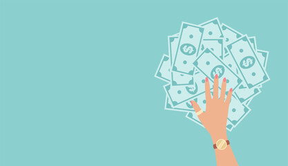 Female hand lying on a pile of dollar bills on a green background, top view. Flat vector illustration with copy space