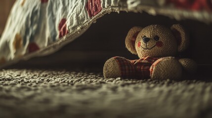 Cute teddy bear hidden under bed, cozy home environment