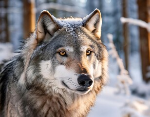 Naklejka premium Gray wolf enjoying winter sun in snowy forest