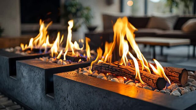 Modern indoor fire pits with burning logs in cozy setting