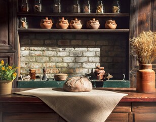 Round loaf of bread displayed on table in cozy farmhouse kitchen