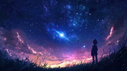 Fototapeta premium Girl Silhouetted Against a Starry Night