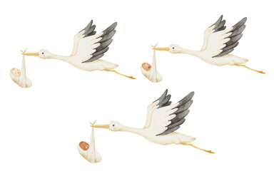 Obraz premium Cute stork with newborn baby. Watercolor cartoon illustration isolated on white