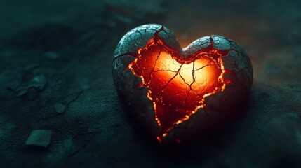 Cracked Heart with Glowing Core on Dark Surface Background