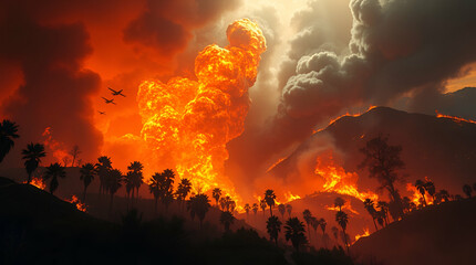 1. **"Inferno at Dusk: Flames Illuminating the Sky"**
2. **"Fiery Sunset: A Storm of Smoke and Red Clouds"**
3. **"Burning Horizon: The Heat of an Explosive Sunset"**
4. **"Nature's Fury: Fire and Smo