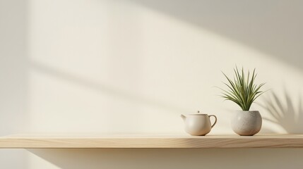 Minimalist wooden shelf with teapot and plant
