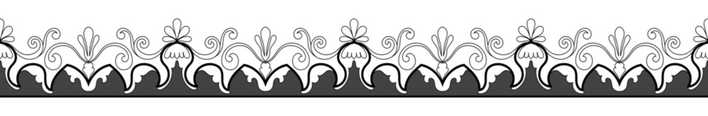 Black brush head seamless fence vintage pattern, floral curl lines, vintage border