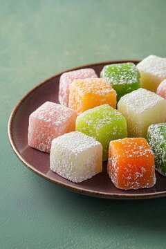 Colorful Kue Cubir Indonesian sweets served on a pink plate with a green background