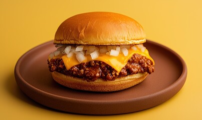 Chili cheeseburger topped with spicy chili, cheddar cheese, and onions on a smooth brown plate against a muted yellow backdrop
