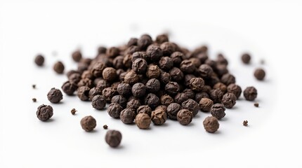 Whole black peppercorns in a cluster on white