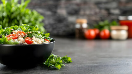 Fresh salad with cherry tomatoes and herbs in a black bowl on a kitchen counter, ingredients blurred in the background; ideal for healthy food blogs or recipe websites