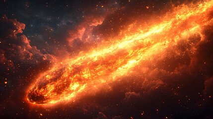 Fototapeta premium Fiery Comet Streaking Across Glowing Red Celestial Sky with Intense Heat and Vibrant Flames