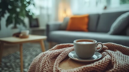 Cozy Living Room Tea Cup On Knitted Blanket