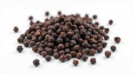 Heap of black peppercorns on a white background