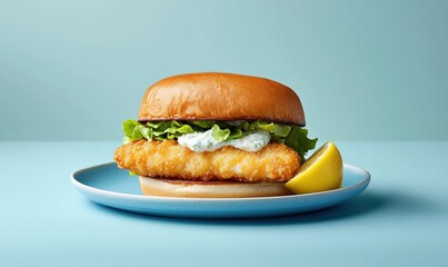 Fresh fish burger with crispy fillet, tartar sauce, and crisp lettuce served on a smooth blue plate in Australia