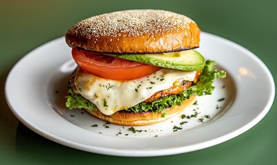 Fresh avocado burger with cheese and vegetables served on a white plate against a muted green background