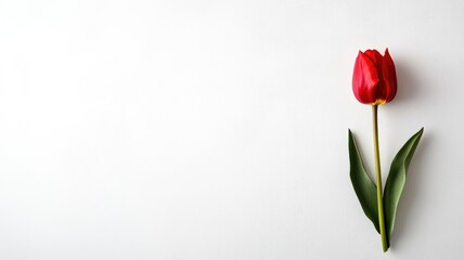 Single red tulip with green leaves on white background