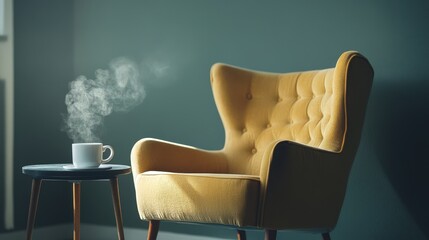 A steaming coffee cup rests on a table beside a yellow armchair