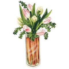 Happy Easter decoration creative bouquet with tulips and carrot hand drawn illustration art clipart isolated element on white background 