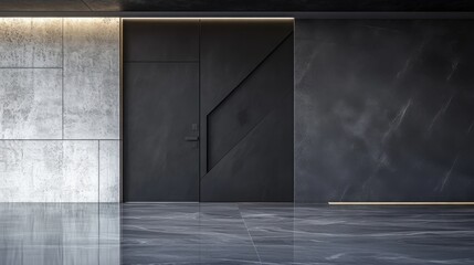 Obraz premium A modern black door with an asymmetrical design and matte finish, placed in an entryway with polished floors, creating a sophisticated atmosphere