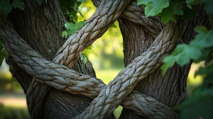 Twisted Ropes Wrapped Around Tree Trunk in Lush Green Environment