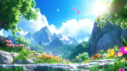 Obraz premium Vibrant Mountain Meadow with Dancing Butterflies and Colorful Wildflowers Under Summer Sky