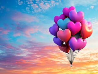 Fototapeta premium A Vibrant Collection of Heart-Shaped Balloons Floating Gracefully Against a Soft, Pastel Sky at Sunset, Evoking Feelings of Joy and Celebration
