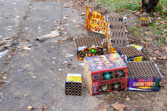 Post-New Year's Fireworks Debris near a Trash bin