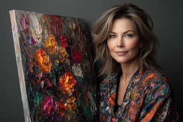 Elegant artist showcasing colorful textured floral painting in studio
