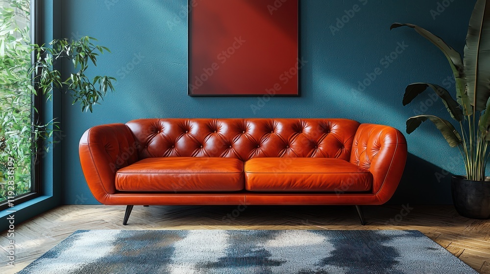 Poster Orange sofa in blue room.