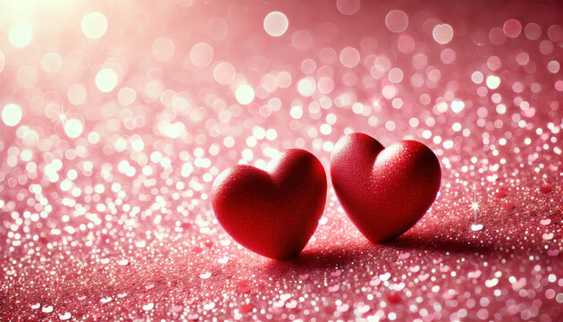 Two red hearts on sparkling pink background, symbolizing love and romance