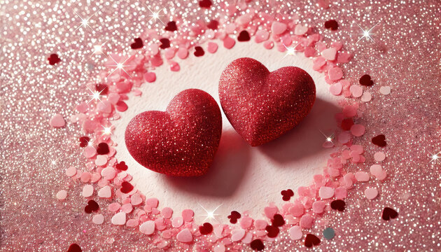 Two glittery red hearts surrounded by sparkling pink and red confetti on shimmering surface