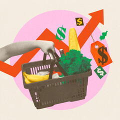 Shopping basket filled with groceries against background of rising price indicators and dollar...