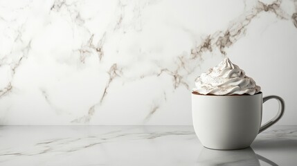 A White Mug Filled With Whipped Cream And Cocoa
