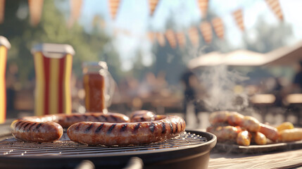 Barbecue Scene with Sausages and Condiments in Outdoor Setting