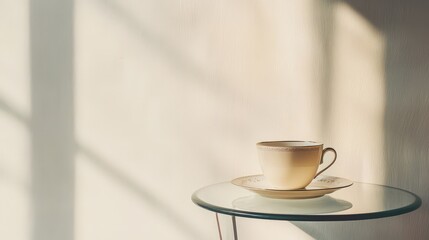 Fototapeta premium A Cream Teacup Sits On A Glass Table In Sunlight