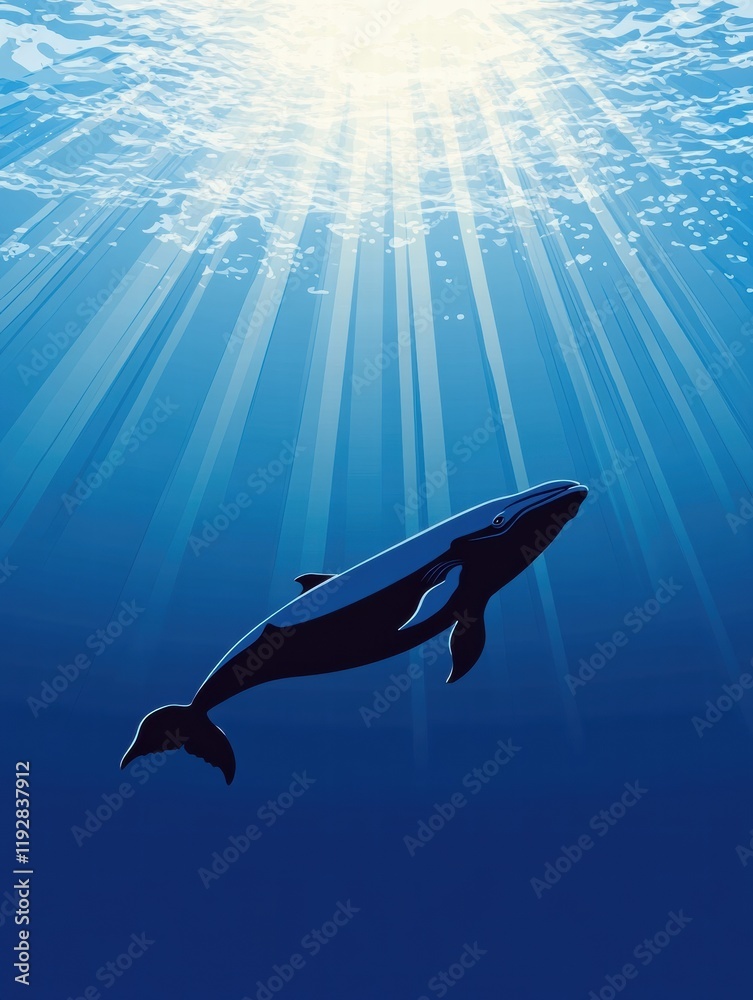 Aufkleber Underwater view of a whale swimming through rays of sunlight in a tranquil ocean environment. Generative AI