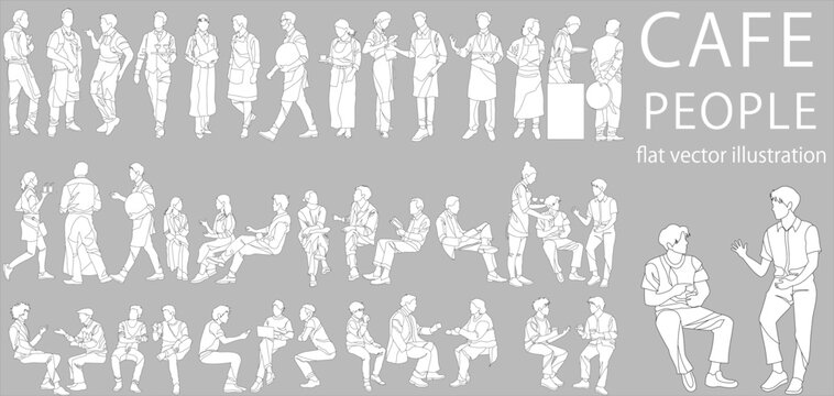 Flat vector illustration collection of waiters and customers working in cafe