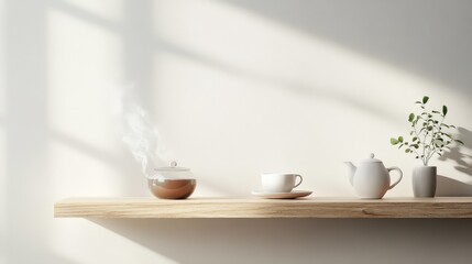 Serene Tea Setup on Wooden Shelf with Plant