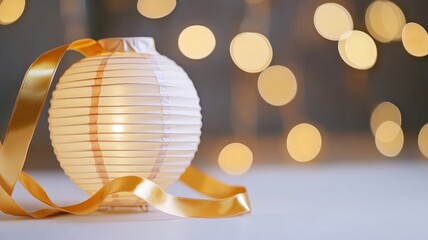 Obraz premium White paper lantern with yellow ribbon and bokeh lights