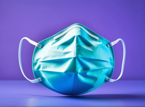 Detailed view of a blue surgical mask against a vivid purple background showcasing its texture and design elements