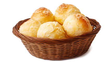 Brazilian cheese bread inside a wooden basket in a white clean isolated on a transparent or white background