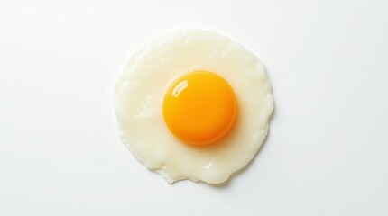 Fried egg with bright yolk on a plain white background
