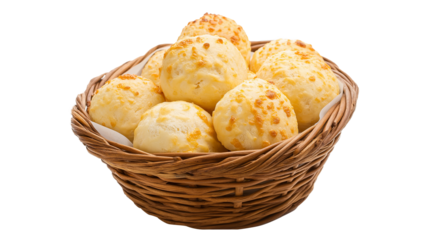 Brazilian cheese bread inside a wooden basket in a white clean isolated on a transparent or white background