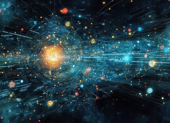Fototapeta premium A Stunning Digital Visualization of Cosmic Energy Flowing Through an Interconnected Universe, Showcasing Vibrant Colors, Stars, and Dynamic Movement of Celestial Elements
