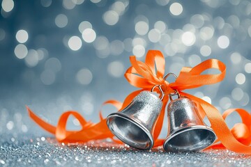 create a image of two silver bell with orange ribbon in a bright background 