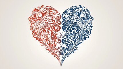 Artistic Heart Outline with Swirling Decorative Patterns in Bold Red and Blue Shades on Light Background